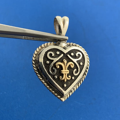 Designer 925 Sterling Silver 14K Gold Fleur De Lis Scroll Heart Pendant
