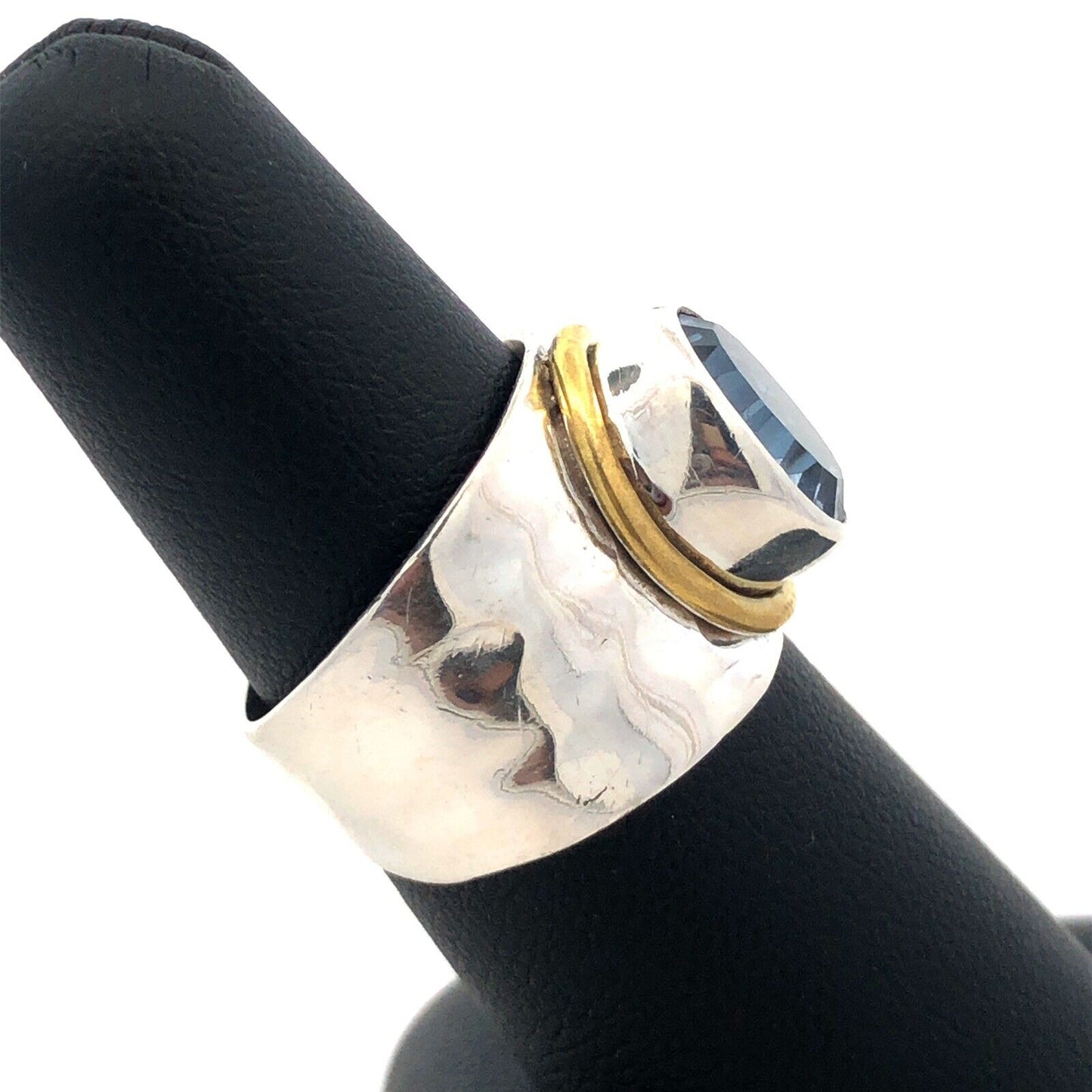 Designer YS 925 Sterling Silver Brass Oval Tanzanite Bezel Wide Hammered Ring