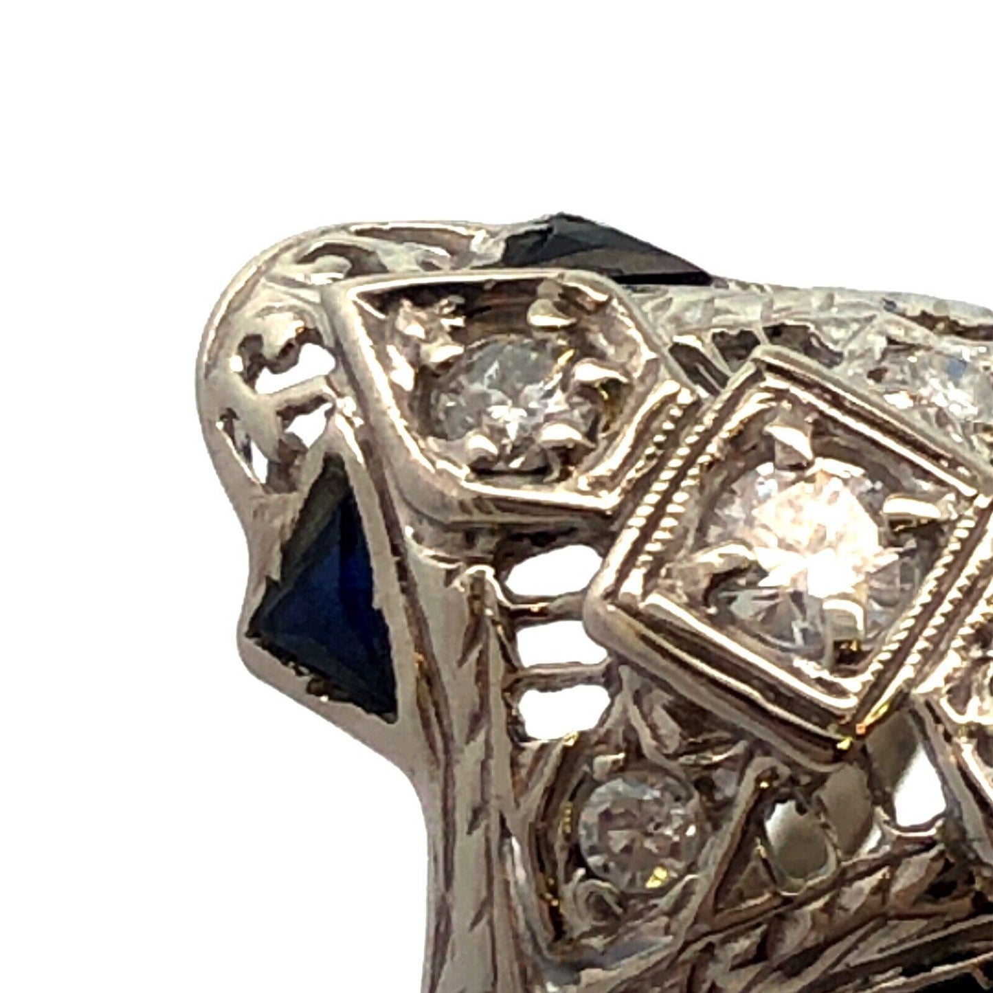 Vintage Art Deco 14K White Gold Diamond Lab Created Sapphire Filigree Oval Ring