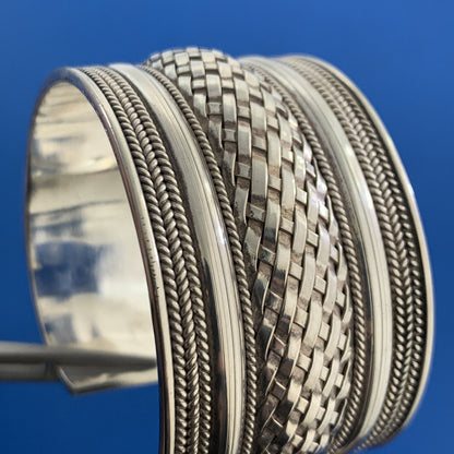 Sterling Silver 925 Basket Weave Ribbed Polished Wide Statement Cuff Bracelet