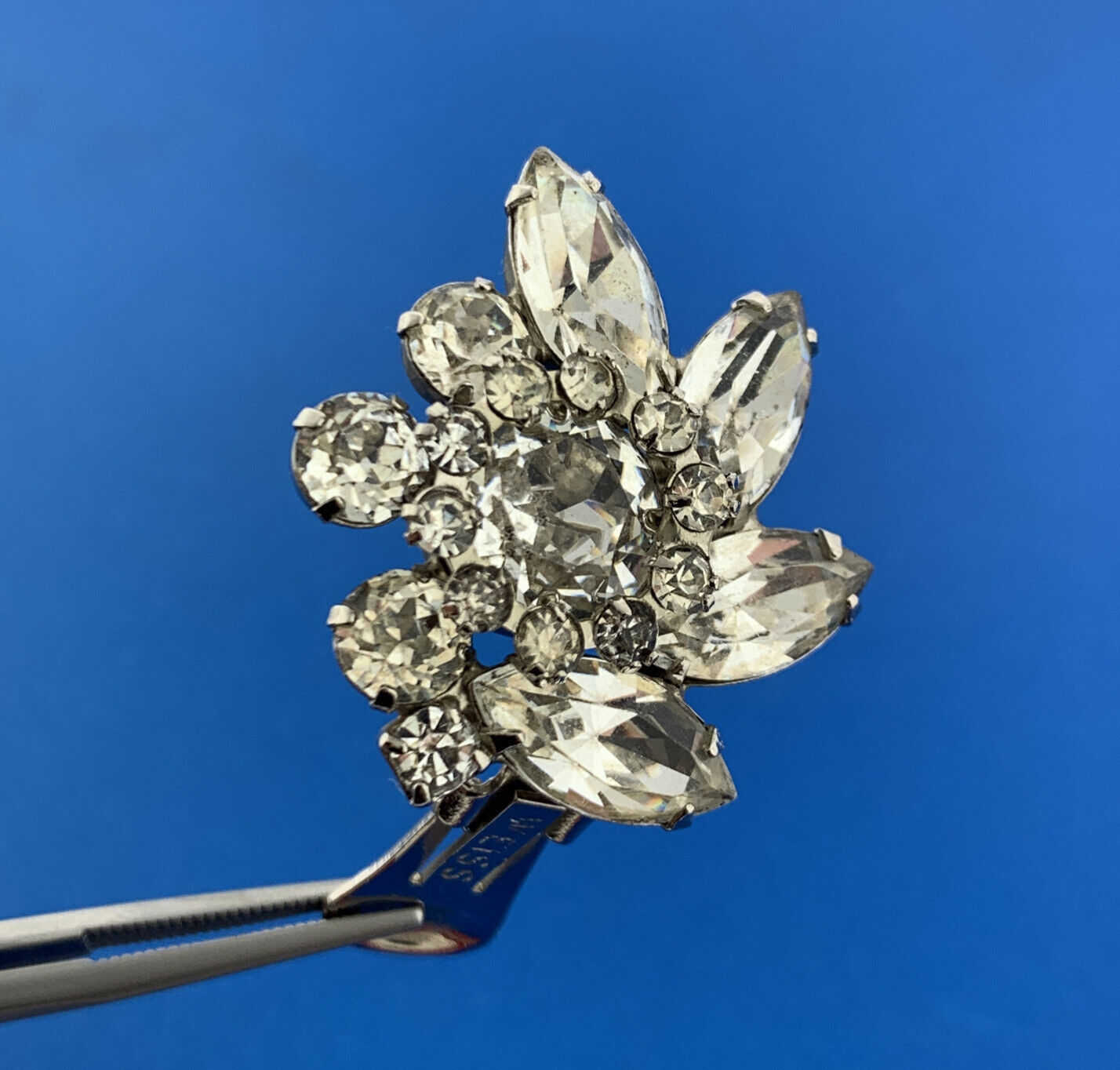Mid Century Fabulous Weiss Austrian Crystal Rhinestone Floral Clip On Earrings