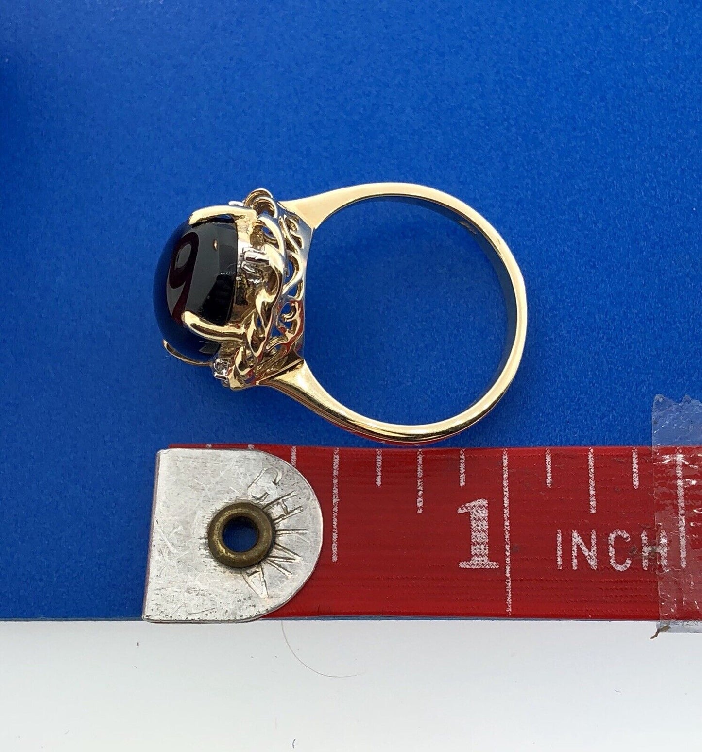 Vintage 10K Yellow Gold Black Onyx Cabochon Diamond Accent Cocktail Ring