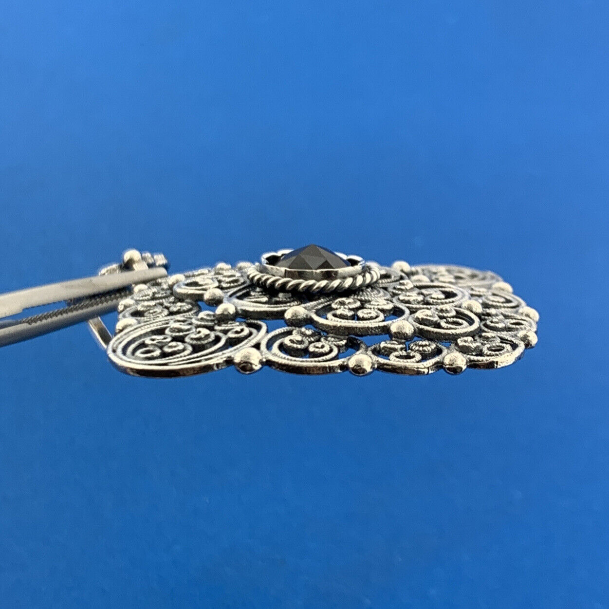 Designer Austria Sterling Silver Garnet Filigree Beaded Scroll Statement Pendant