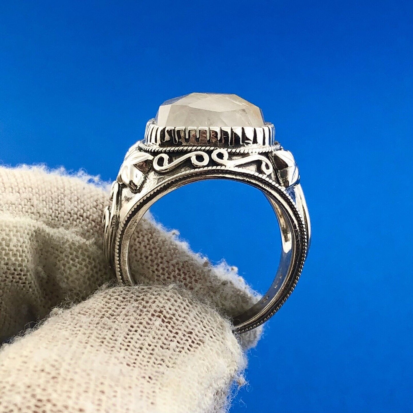 Lovely Sterling Silver 925 Floral Printed Reticulated Quartz Dome Ring Size 7
