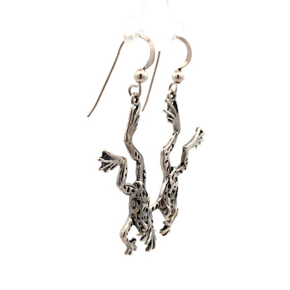 Vintage Designer Sterling Silver Frog Toad Textured Drop Dangle Hook Earrings