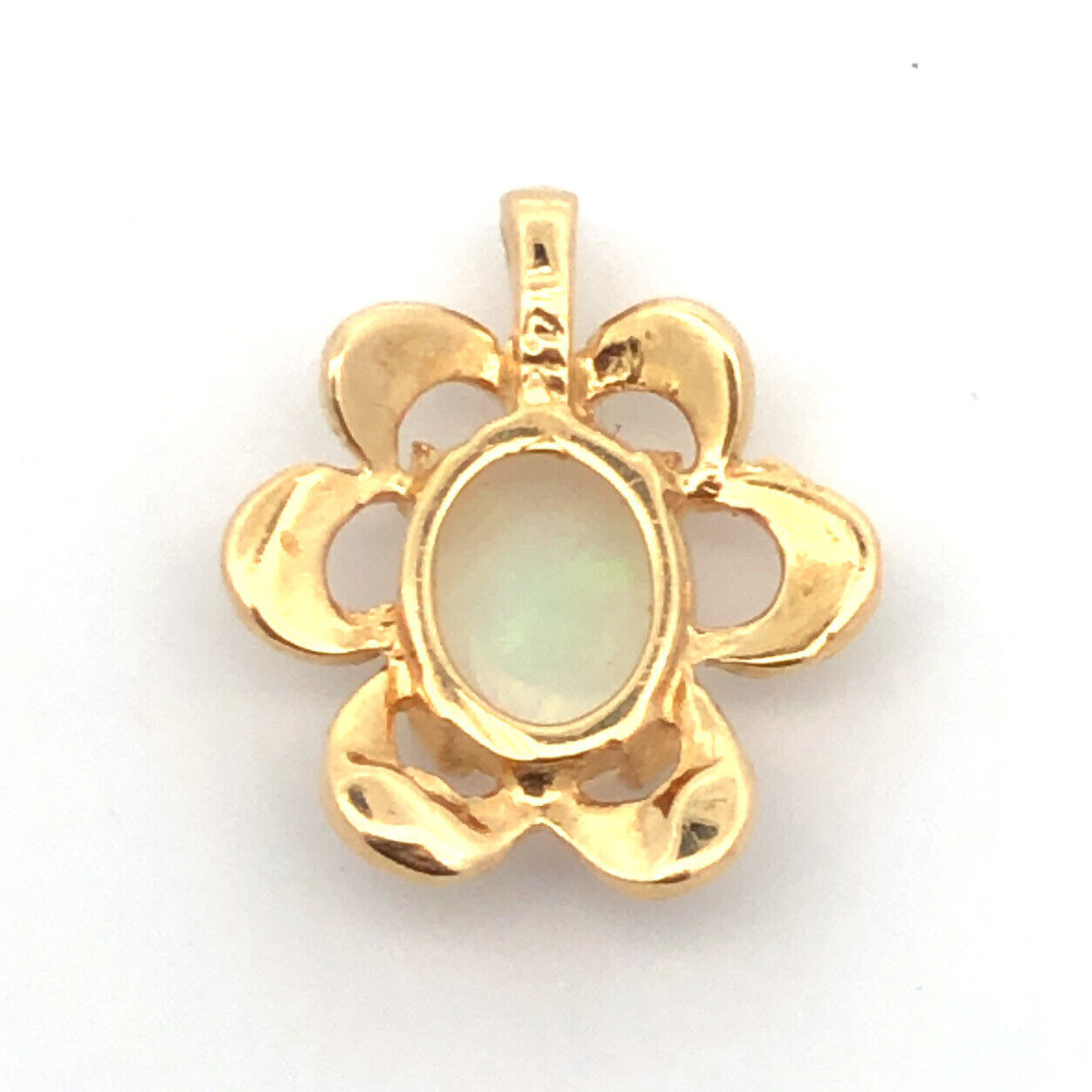 Modernist 14K Yellow Gold Oval Opal Textured Flower Shape Petite Pendant