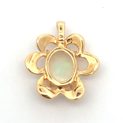 Modernist 14K Yellow Gold Oval Opal Textured Flower Shape Petite Pendant