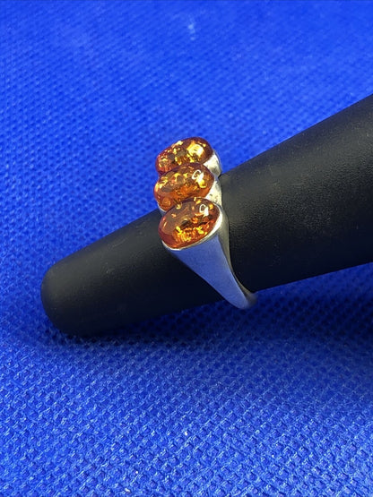 Estate Oval Amber Cabochons 925 Sterling Silver Ring Size 5.5