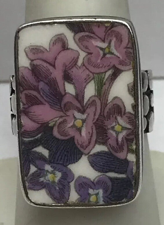 Vintage Sterling Silver 925 Purple Pink Floral Enamel Bead Work Statement Ring