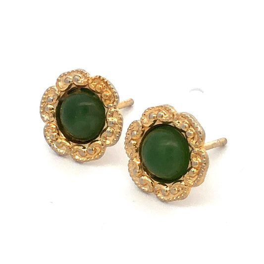 Vintage 14K Yellow Gold Round Cabochon Jade Flower Shaped Stud Earrings