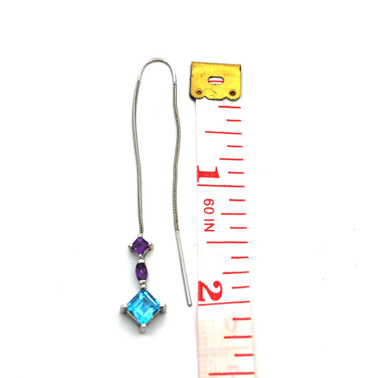 Designer 14K White Gold Blue Topaz and Amethyst Dangle Threader Earrings