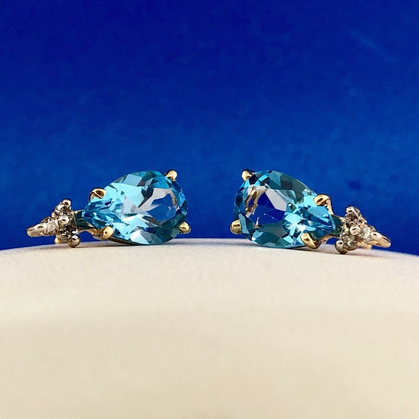 14K Yellow Gold Swiss Blue Topaz Diamond December Anniversary Pear Stud Earrings