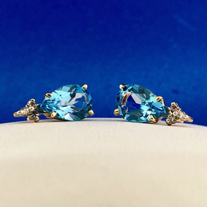 14K Yellow Gold Swiss Blue Topaz Diamond December Anniversary Pear Stud Earrings