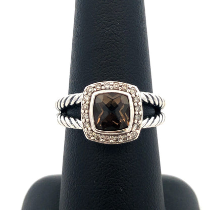 David Yurman 925 Sterling Silver Smoky Quartz Diamond Halo Petite Albion Ring