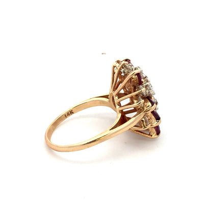 14K Yellow Gold Marquise Ruby Diamond Cluster Waterfall Ring