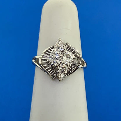 Retro 14K White Gold Diamond Waterfall Modernist Engagement Cocktail Sz 4 Ring
