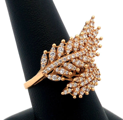 Designer 18K Yellow Gold Cubic Zirconia Leaves Feather Bypass Statement Ring