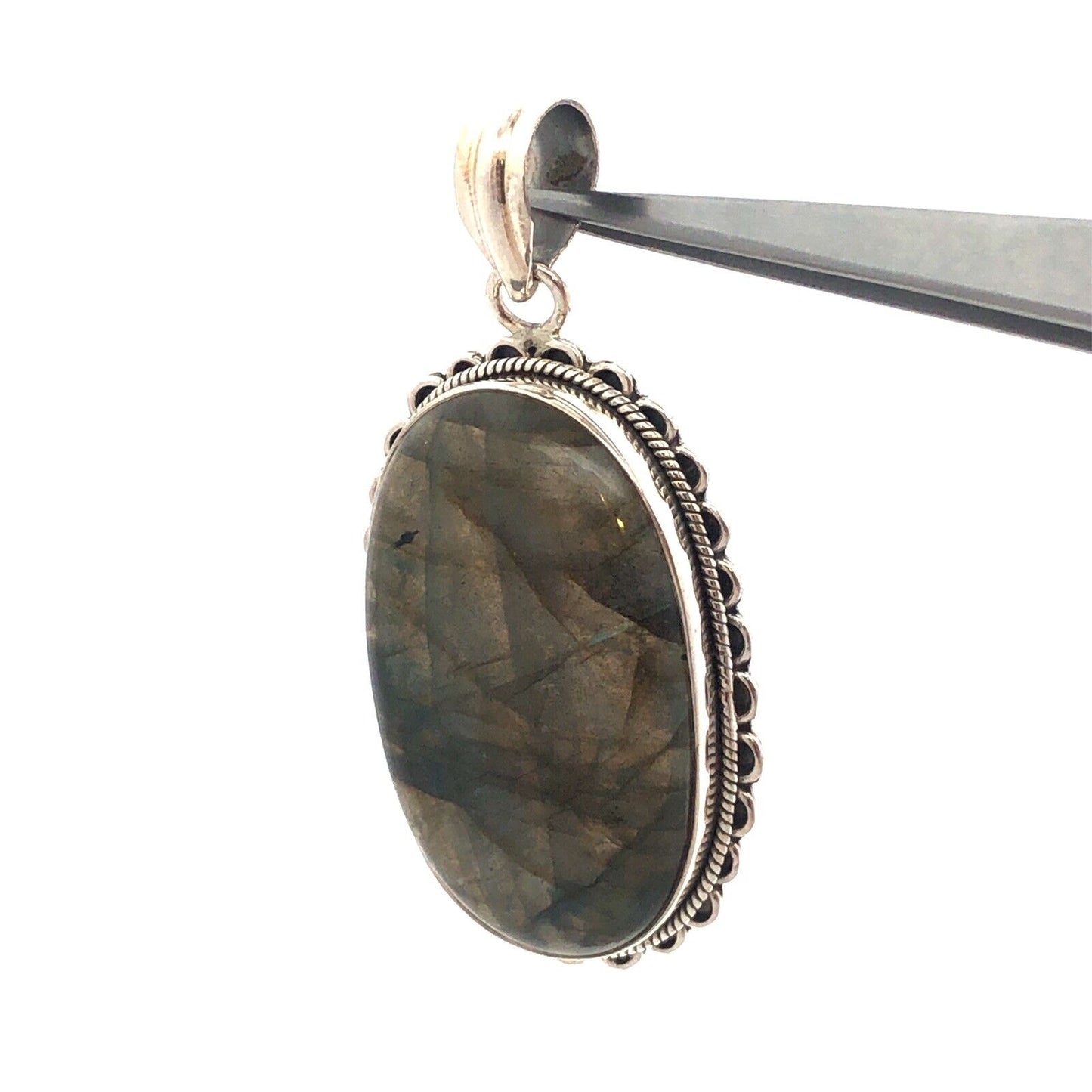 Vintage 925 Sterling Silver Oval Cabochon Labradorite Large Statement Pendant