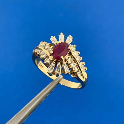 Vintage 14K Yellow Gold Oval Ruby Diamond Accented Cluster Bypass Cocktail Ring