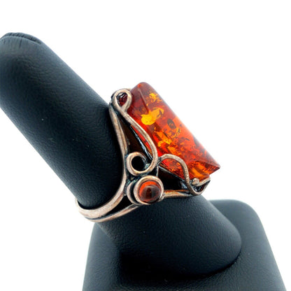 Vintage Designer PL 925 Sterling Silver Oval Amber Statement Ring