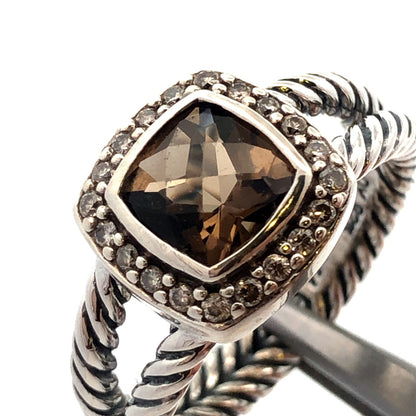 David Yurman 925 Sterling Silver Smoky Quartz Diamond Halo Petite Albion Ring
