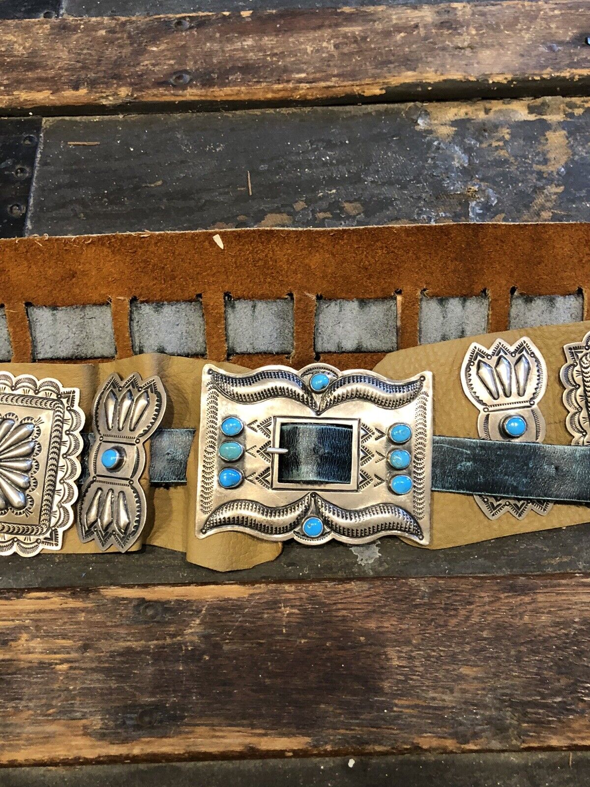 Susie James Navajo 925 Sterling Silver Leather Turquoise Concho Statement Belt
