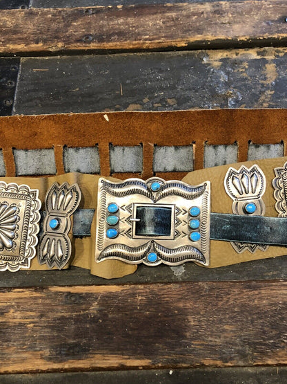 Susie James Navajo 925 Sterling Silver Leather Turquoise Concho Statement Belt