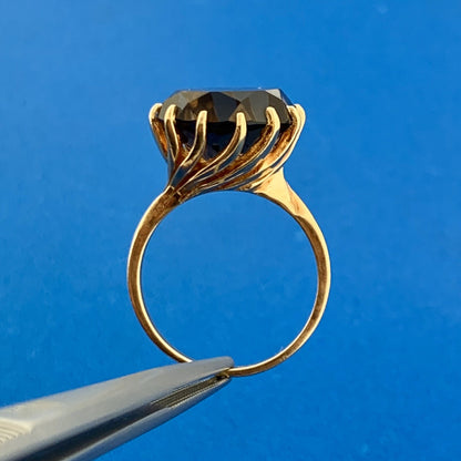 Retro 10K Yellow Gold Smoky Quartz Solitaire Statement Cocktail Ring