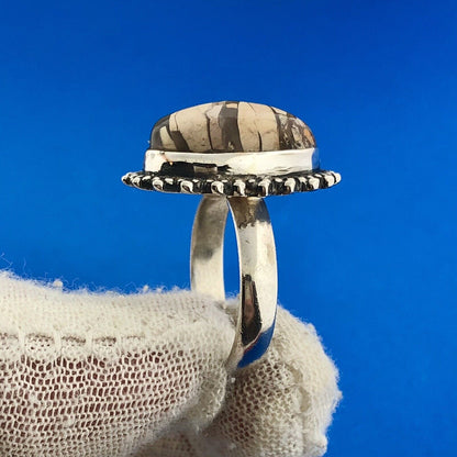 Vintage 925 Sterling Silver Oval Enamel Mosaic Jasper Inlay Statement Ring