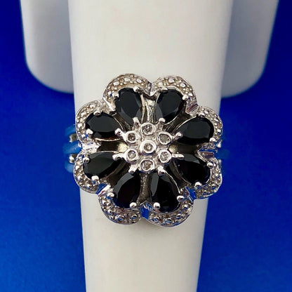 Designer AJ Sterling Silver Sapphire Diamond Floral Cluster September Anniv Ring