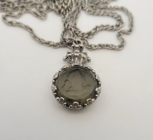 1960'S Goldette Silver Tone Smoky Glass Incused Cameo Layered Chain Necklace