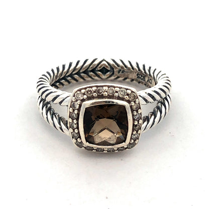 David Yurman 925 Sterling Silver Smoky Quartz Diamond Halo Petite Albion Ring