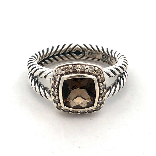 David Yurman 925 Sterling Silver Smoky Quartz Diamond Halo Petite Albion Ring