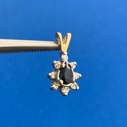 Vintage 14K Yellow Gold Pear Cut Blue Sapphire Diamond Halo Teardrop Pendant