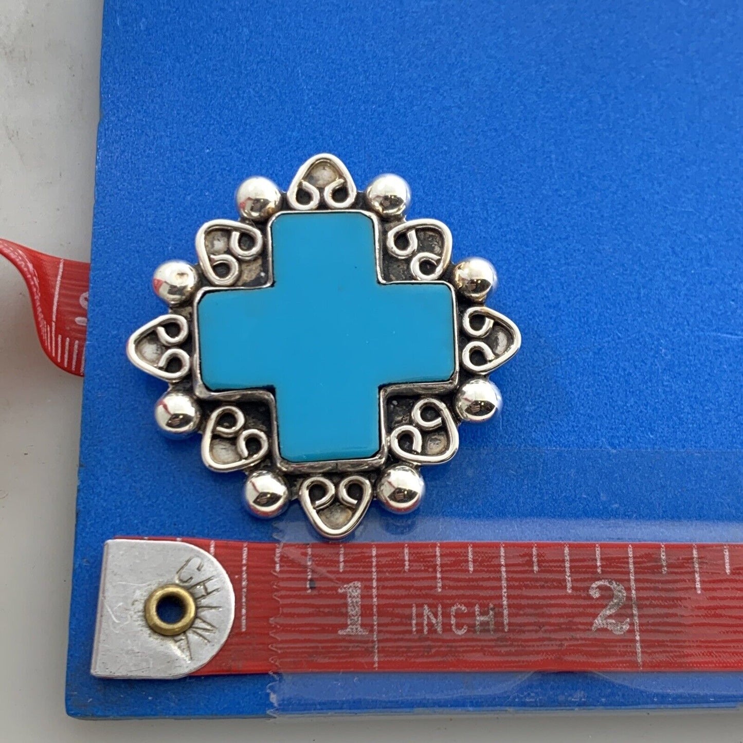 Taxco Mexico 925 Sterling Silver Turquoise Cross Statement Pendant