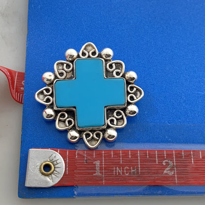 Taxco Mexico 925 Sterling Silver Turquoise Cross Statement Pendant