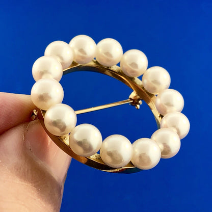 Vintage 14K Yellow Gold 6 MM Pearl Wreath Pin Brooch Pendant