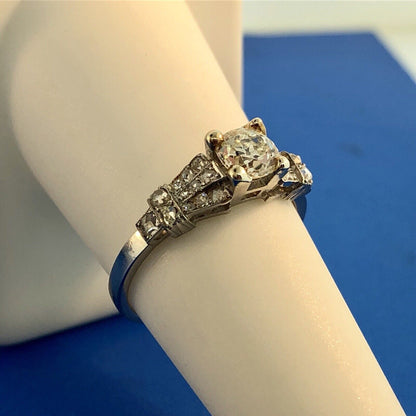 Art Deco Platinum European Mine Cut Diamond Solitaire W/Accents Engagement Ring
