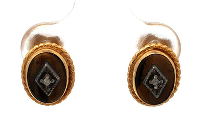 Vintage 14K Yellow Gold Oval Tigers Eye Diamond Accented Stud Earrings