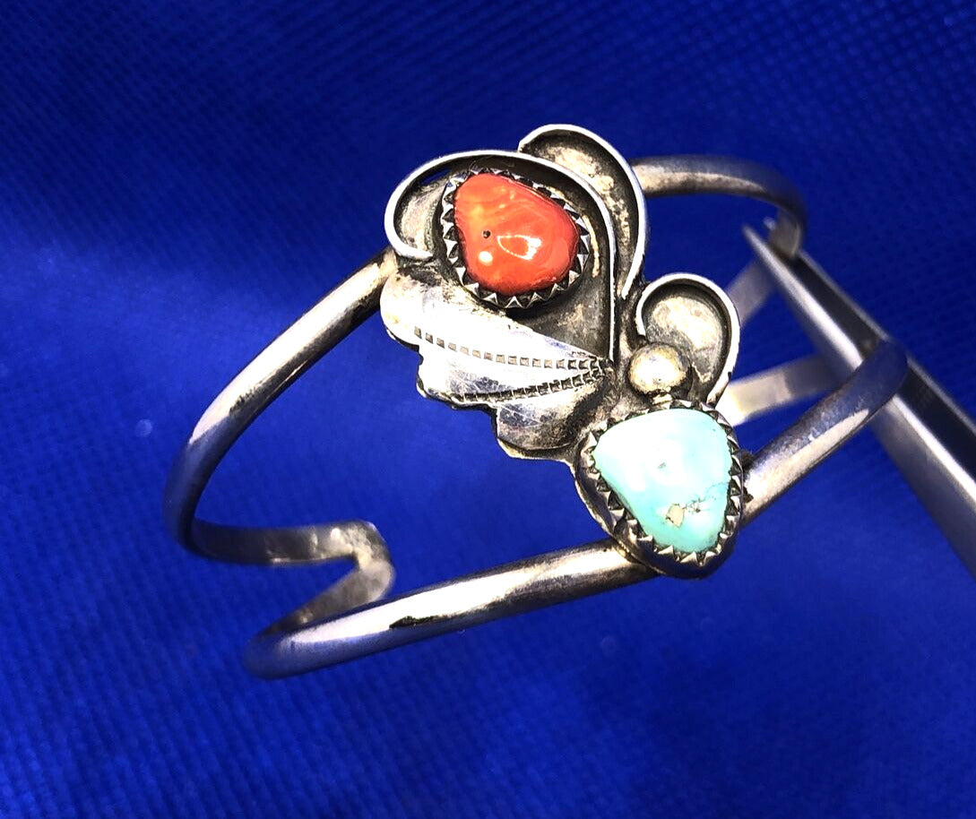 Old Pawn 925 Sterling Silver Squash Blossom Turquoise & Coral Open Cuff Bracelet