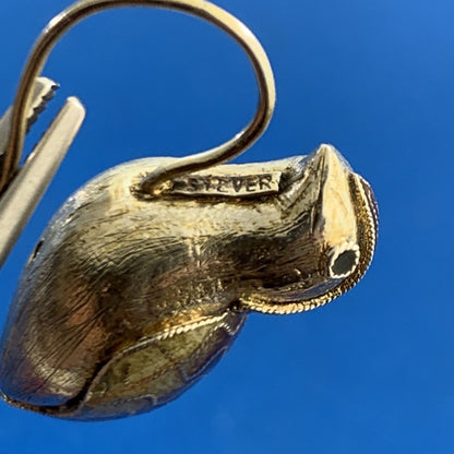 Antique Silver Cloisonne Enamel Quail Bird Dangle Hook Earrings