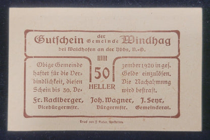 1920 10, 20 & 50 Heller, Windhag Municipality, Austria Obsolete Bank Note Set