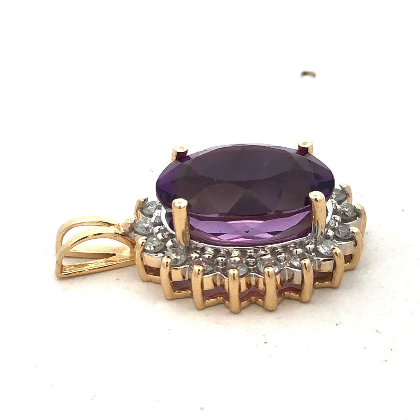 Designer 14K Yellow Gold Oval Purple Amethyst Diamond Halo Statement Pendant
