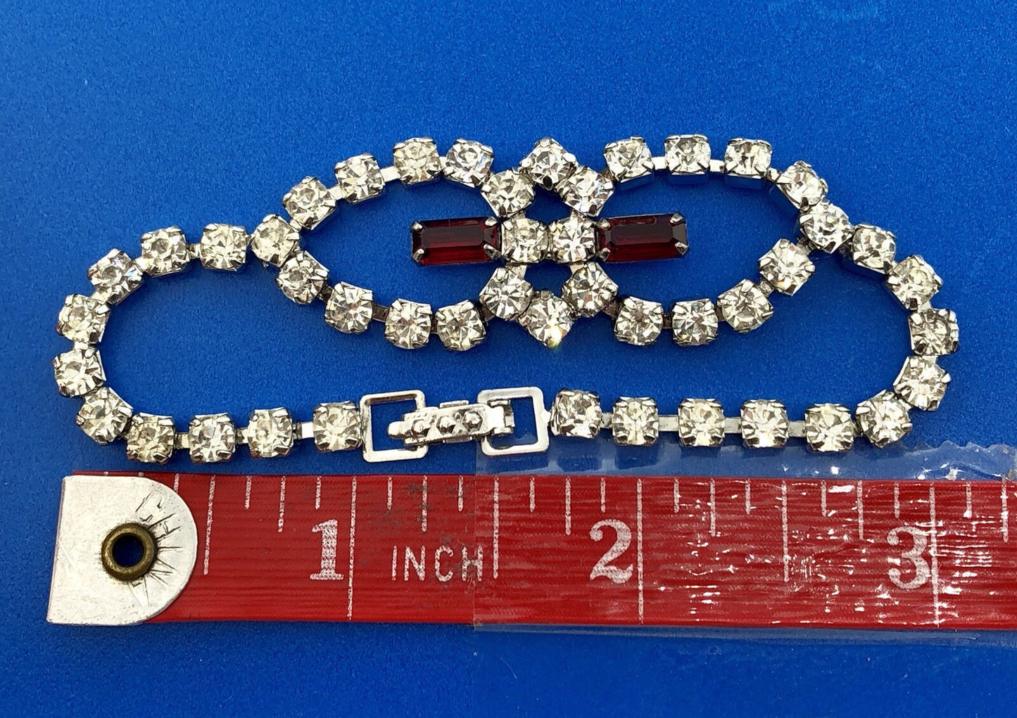 Vintage Silver Tone Rectangle Red Round White Rhinestone Valentine Bracelet