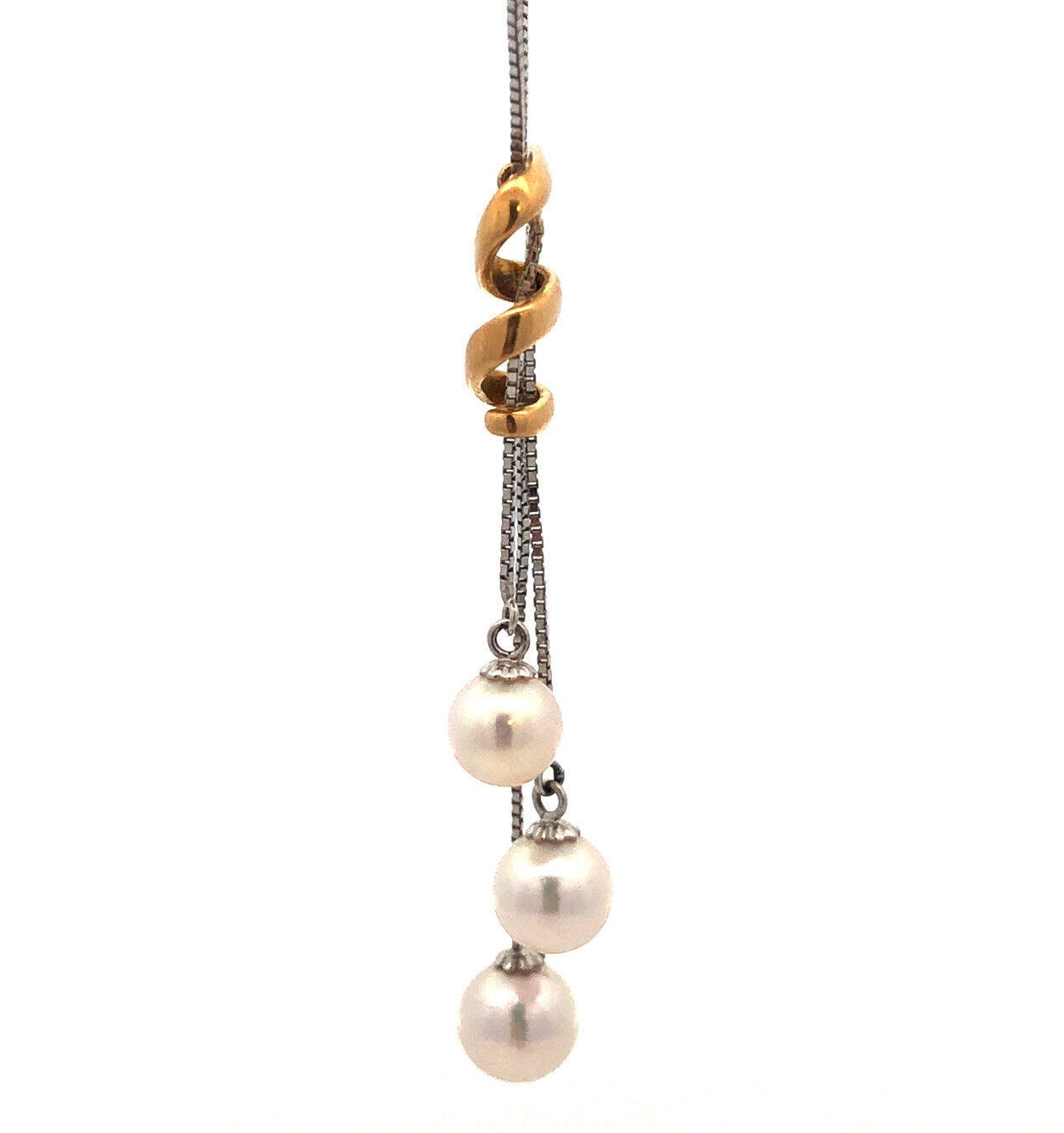 Designer 18K White Yellow Gold Pearl Trio Modernist Abstract Two Toned Necklace
