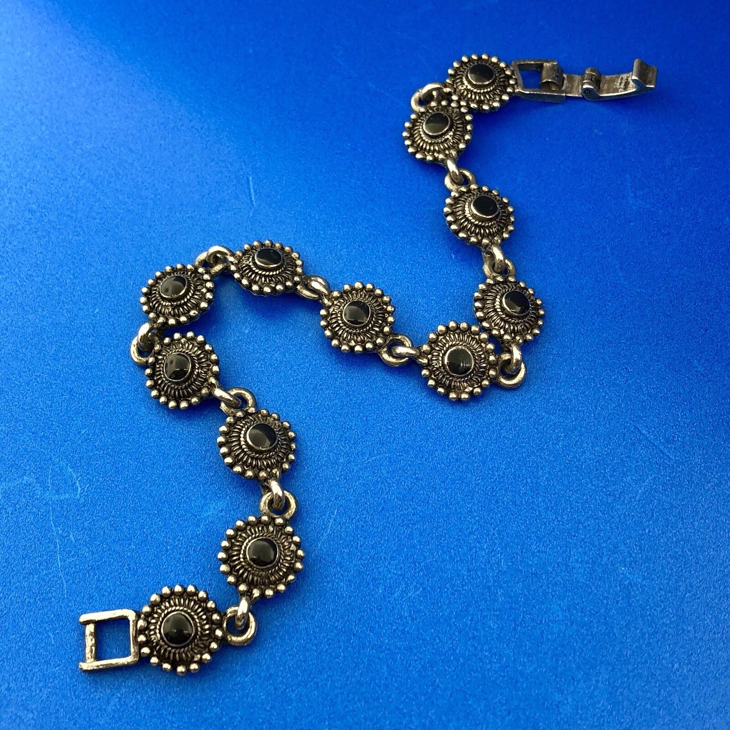 Charming Silver Tone Black Onyx Cabochon Floral Petite Bead Panel Bracelet