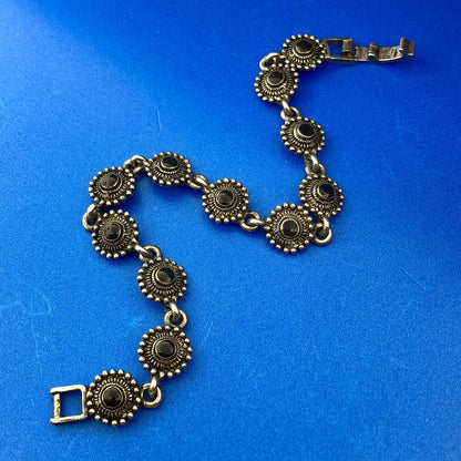 Charming Silver Tone Black Onyx Cabochon Floral Petite Bead Panel Bracelet