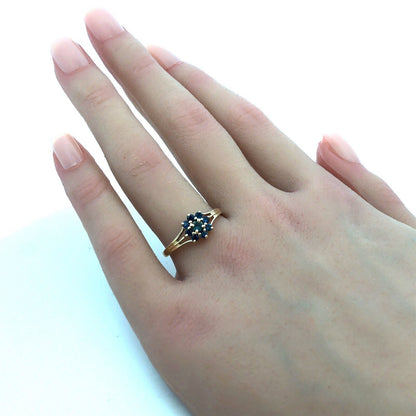 Designer 14K Yellow Gold Round Blue Sapphire Flower September Anniversary Ring