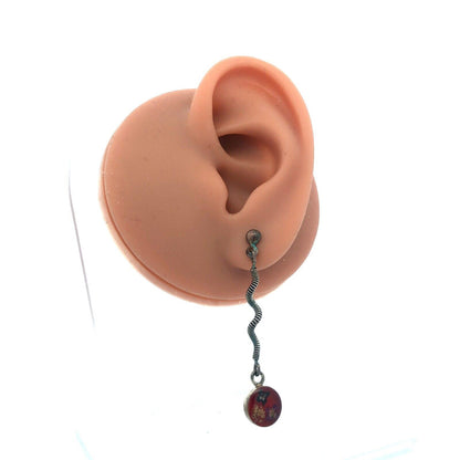 Vintage 925 Sterling Silver Red Resin Flower Floral Spiral Dangle Stud Earrings