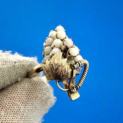 Gorgeous 14k Yellow Gold Cabochon White Opal Towering Grape Cluster Ring Size 3
